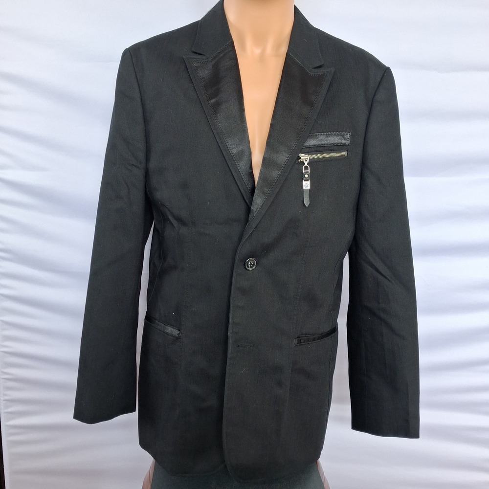 Guess Jeans Mens Black Satin Trim Zipper Pocket Blazer Jacket Large L